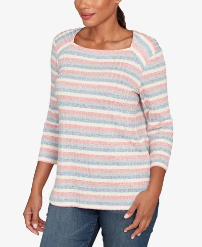 Ruby Rd. Petite Marled Stripe Envelope Neck Rib Knit Top In Neutral