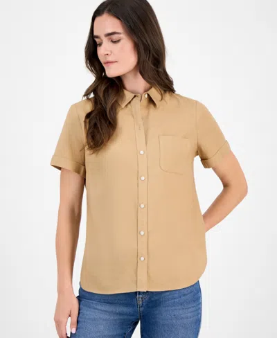 Nautica Jeans Women's Solid Short-sleeve Camp Shirt In Brown