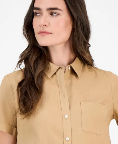 Nautica Jeans Women's Solid Short-sleeve Camp Shirt In Brown