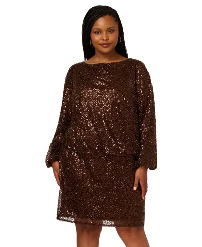 Adrianna Plus Size Sequin Boat Neck Mini Dress In Brown