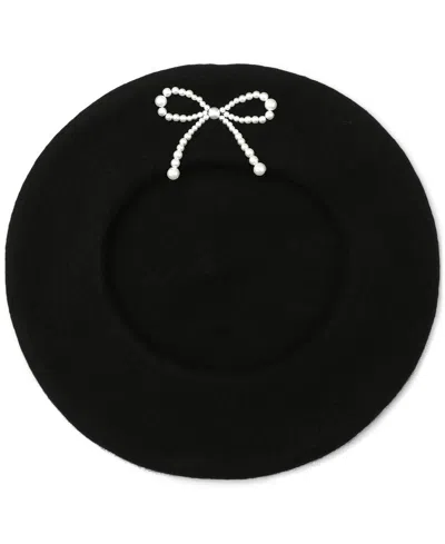 Kate Spade Pearl Bow Felt Beret In Black