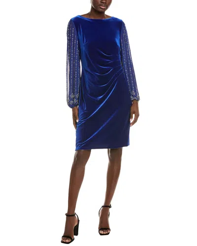 Marina Beaded Long Sleeve Velvet Sheath Dress In Blue