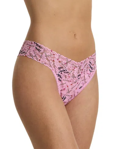 Hanky Panky Women's Printed Signature Lace Original Rise Thong Underwear In Pink