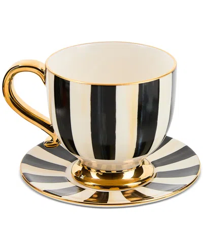 Mackenzie-childs Courtly Stripe Cappuccino Cup & Saucer In Black