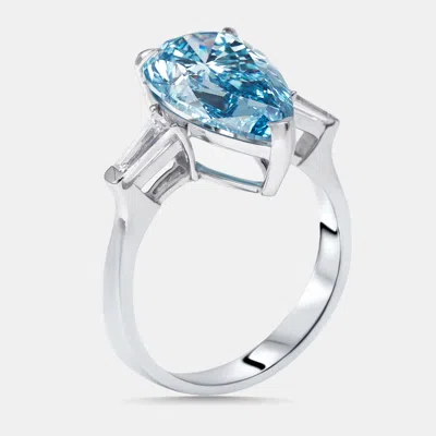 Pre-owned The Diamond Edit 5.1 Cts Vivid Blue Pear Trapazoid Lab Grown Diamonds 18k White Gold Ring Size 52