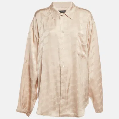 Pre-owned Balenciaga Beige Logo Jacquard Satin Shirt M In Sand