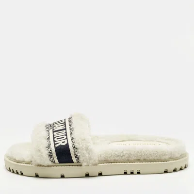 Pre-owned Dior White/navy Blue Shearling Fur And Logo Canvas Dway Flat Slides Size 38