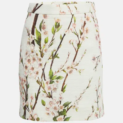Pre-owned Dolce & Gabbana White Floral Print Tweed Mini Skirt M
