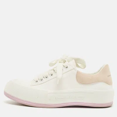 Pre-owned Alexander Mcqueen White/beige Canvas And Suede Deck Plimsoll Lace Up Sneakers Size 37