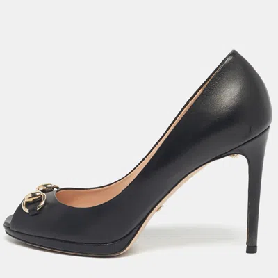 Pre-owned Gucci Black Leather Jolene Peep Toe Pumps Size 36