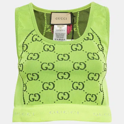 Pre-owned Gucci Fluorescent Green Gg Jacquard Crop Tank Top M