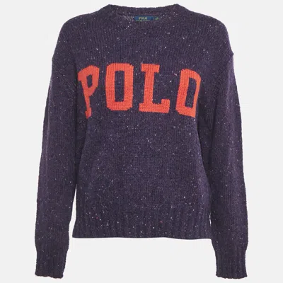 Pre-owned Polo Ralph Lauren Purple Logo Intarsia Wool Knit Sweater S