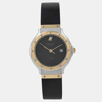 Pre-owned Hublot Mdm Classic 1391.2 Quartz Black 18k Yellow Gold Stainless Steel Women's Wristwatch 28 Mm
