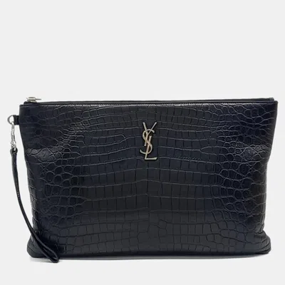 Pre-owned Saint Laurent Black Leather Monogram Clutch
