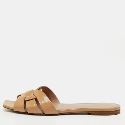 Pre-owned Saint Laurent Beige Patent Leather Tribute Flat Sandals Size 40