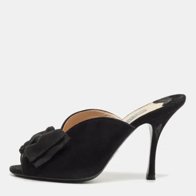 Pre-owned Prada Black Suede Grosgrain Peep Toe Mules Size 36