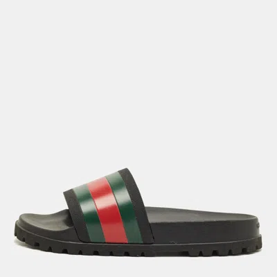 Pre-owned Gucci Black Rubber Web Pool Slides Size 45