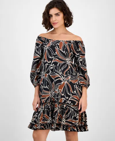 Robbie Bee Women's Square-neck Ruffle-trim 3/4-sleeve Dress In Multi