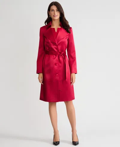 Kasper Petite Long Button Front Trench Coat In Red