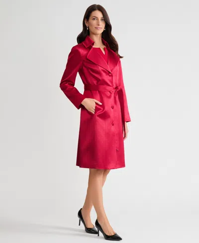 Kasper Petite Long Button Front Trench Coat In Red