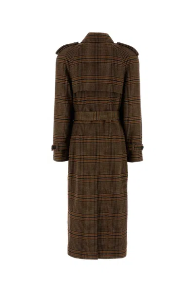 Saint Laurent Embroidered Wool Coat In Brown