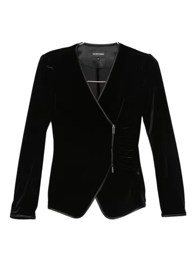 Emporio Armani Asymmetric Velvet Long Sleeve Blazer In Black