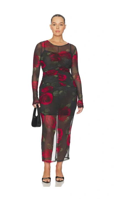 Good American Ruched Long Sleeve Mesh Maxi Dress In Black