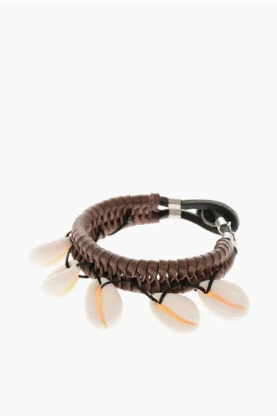 Dsquared2 Leather Aloha Spirit Bracelet With Shells In Brown