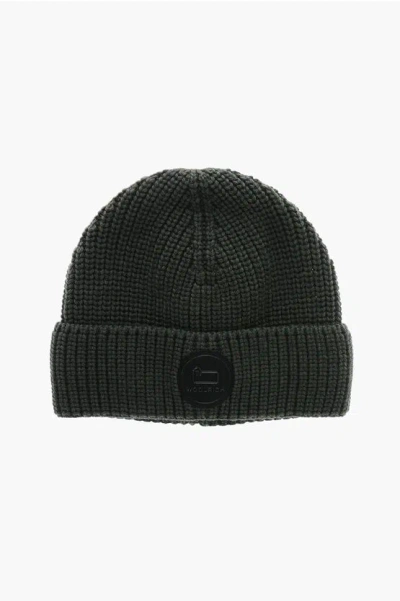Woolrich Virgin Wool Beanie With Front Logo Patch In Green