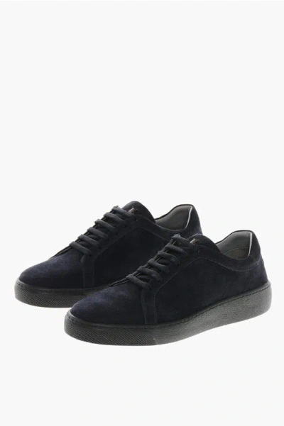 Corneliani Cc Collection Suede Low-top Sneakers With Beetle Detail In Blue