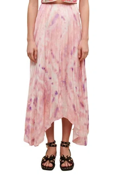 Maje Asymmetric Pleated Printed Satin Midi Skirt In Pink