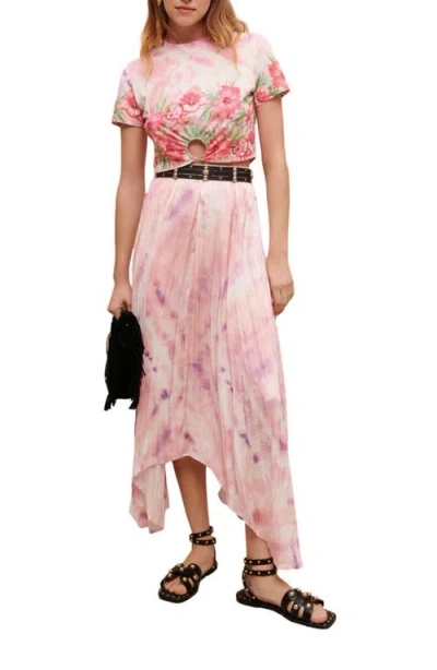 Maje Asymmetric Pleated Printed Satin Midi Skirt In Pink