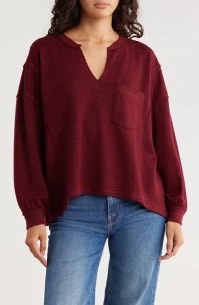 Blu Pepper Split Neck Long Sleeve Knit Top In Burgundy