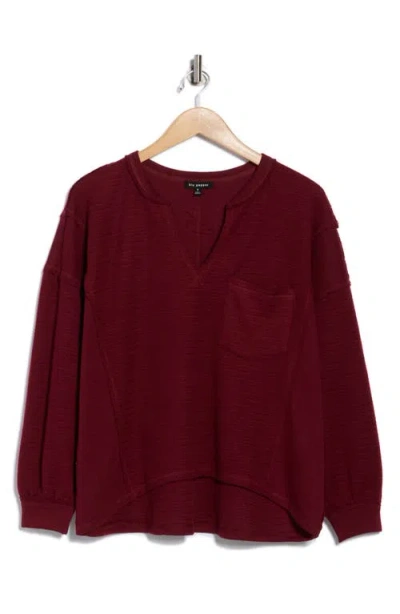 Blu Pepper Split Neck Long Sleeve Knit Top In Burgundy