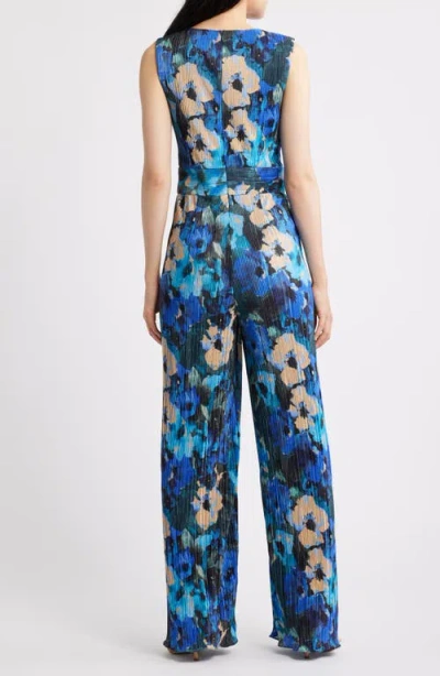 Dress The Population Hunter Floral Print Plissé Sleeveless Jumpsuit In Blue