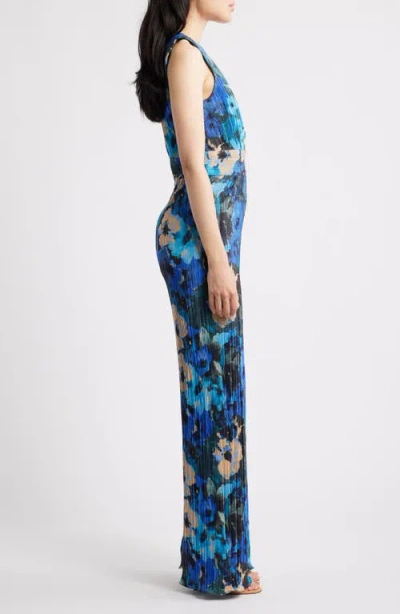 Dress The Population Hunter Floral Print Plissé Sleeveless Jumpsuit In Blue