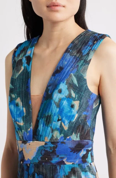 Dress The Population Hunter Floral Print Plissé Sleeveless Jumpsuit In Blue