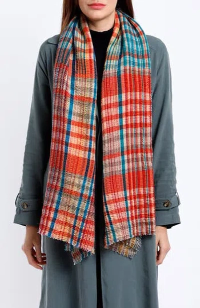 Vismaya Plaid Seersucker Wool Blend Fringe Scarf In Multi