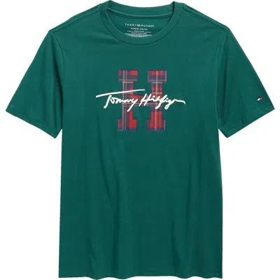 Tommy Hilfiger Kids' Plaid Logo Cotton T-shirt In Green