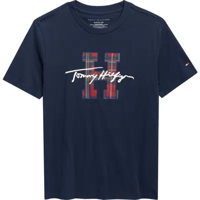 Tommy Hilfiger Kids' Plaid Logo Cotton T-shirt In Blue