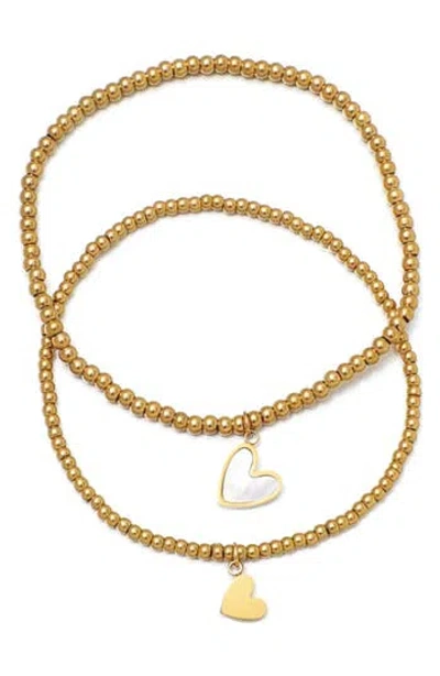 Adornia Set Of 2 Heart Charm Stretch Beaded Bracelets In Gold