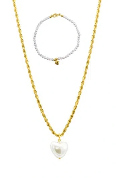 Adornia Faux Pearl Pendant Necklace & Bracelet Set In Gold