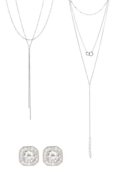 Adornia 2 Lariat Necklaces & Stud Earrings Set In Silver