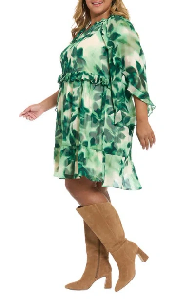 London Times Floral Ruffle Chiffon A-line Dress In Green
