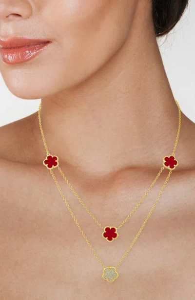 Cz By Kenneth Jay Lane Cubic Zirconia & Faux Coral Double Layered Clover Station Necklace In Gold