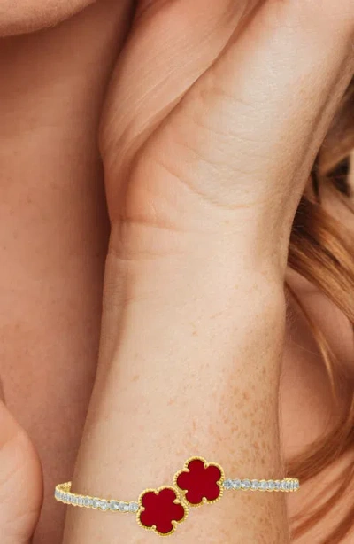 Cz By Kenneth Jay Lane Cubic Zirconia & Synthetic Coral Clover Bypass Bracelet In Gold