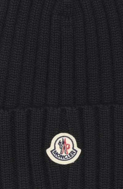 Moncler Logo Patch Cuff Virgin Wool Rib Beanie In Black