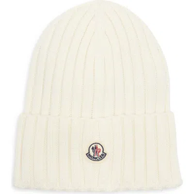 Moncler Ribbed Beanie With Embroidered Logo Detail In White