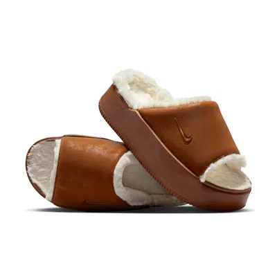 Nike Calm Elevation Faux Fur Lined Platform Slide In Brown