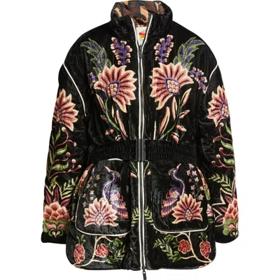 Farm Rio Padded Velvet Jacket With Floral And Bird Embroidery In Black